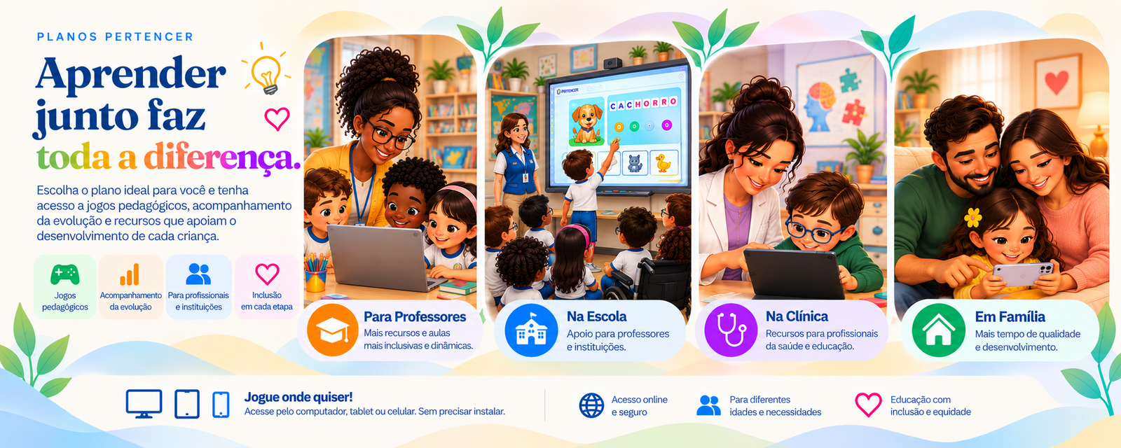 Planos PERTENCER. Aprender junto faz toda a diferença. Escolha o plano ideal para você e tenha acesso a jogos pedagógicos, acompanhamento da evolução e recursos que apoiam o desenvolvimento de cada criança. Para professores: mais recursos e aulas mais inclusivas e dinâmicas. Na escola: apoio para professores e instituições. Na clínica: recursos para profissionais da saúde e educação. Em família: mais tempo de qualidade e desenvolvimento. Jogue onde quiser: computador, tablet ou celular, sem precisar instalar.